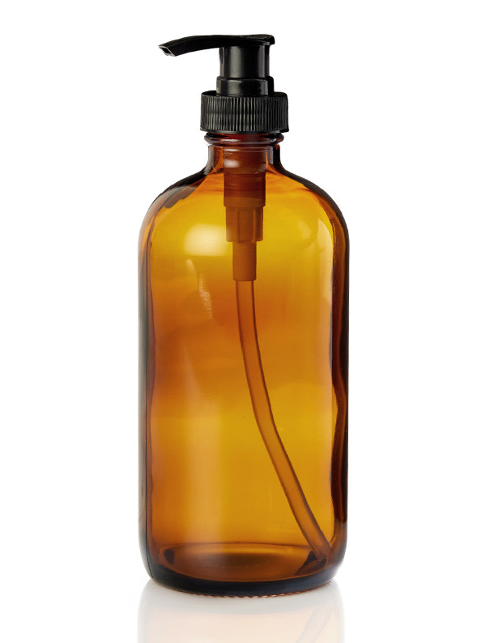 Amber glass bottle with black pump on a white background