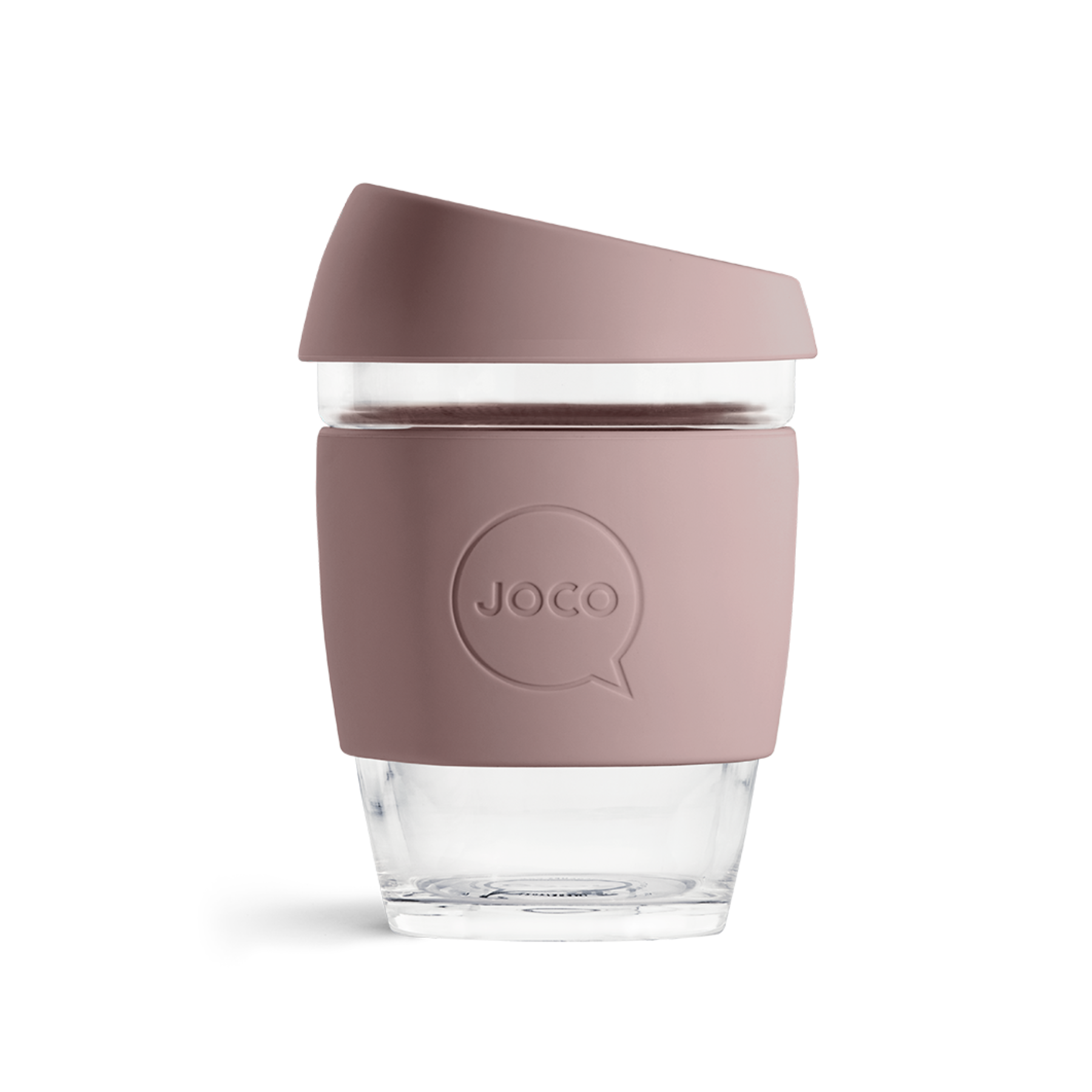 Reusable coffee cup with a pink silicone sleeve on a white background
