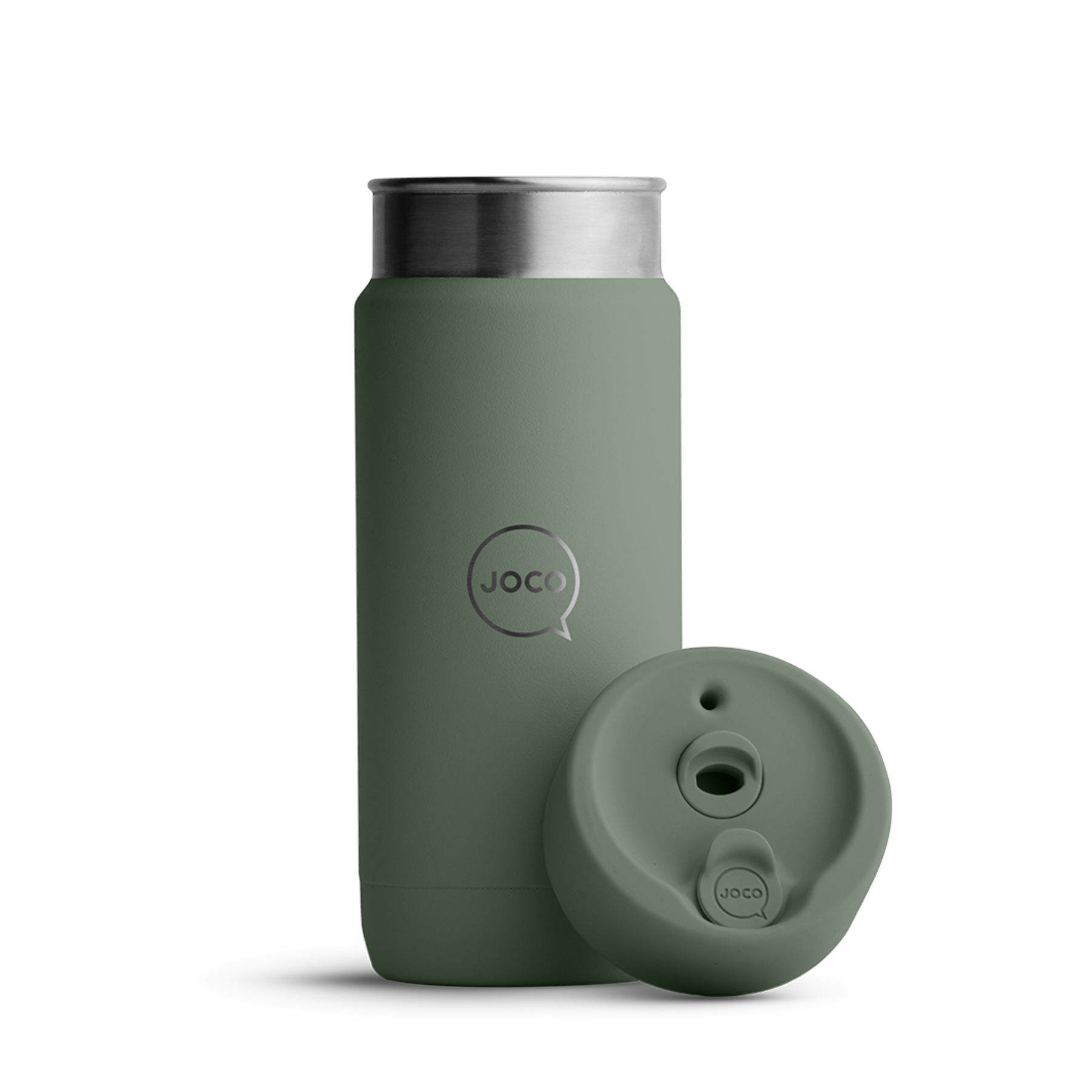Green thermos bottle with black lid on a white background