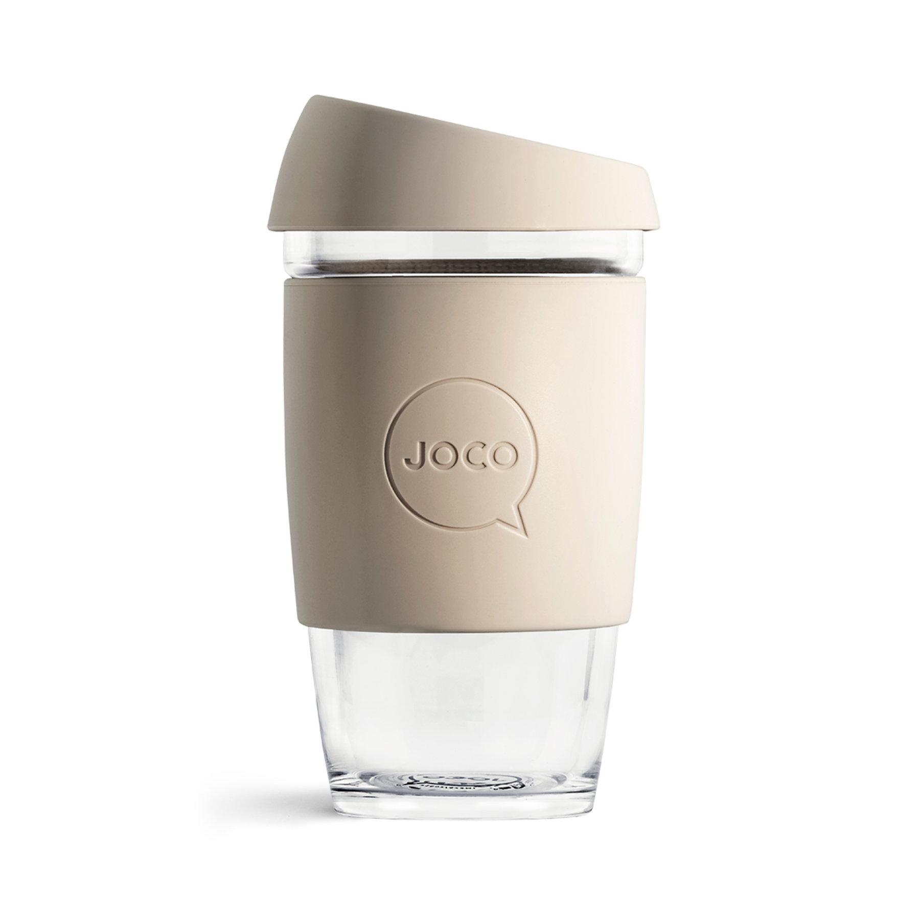 Clear glass reusable coffee cup with beige silicone sleeve on a white background
