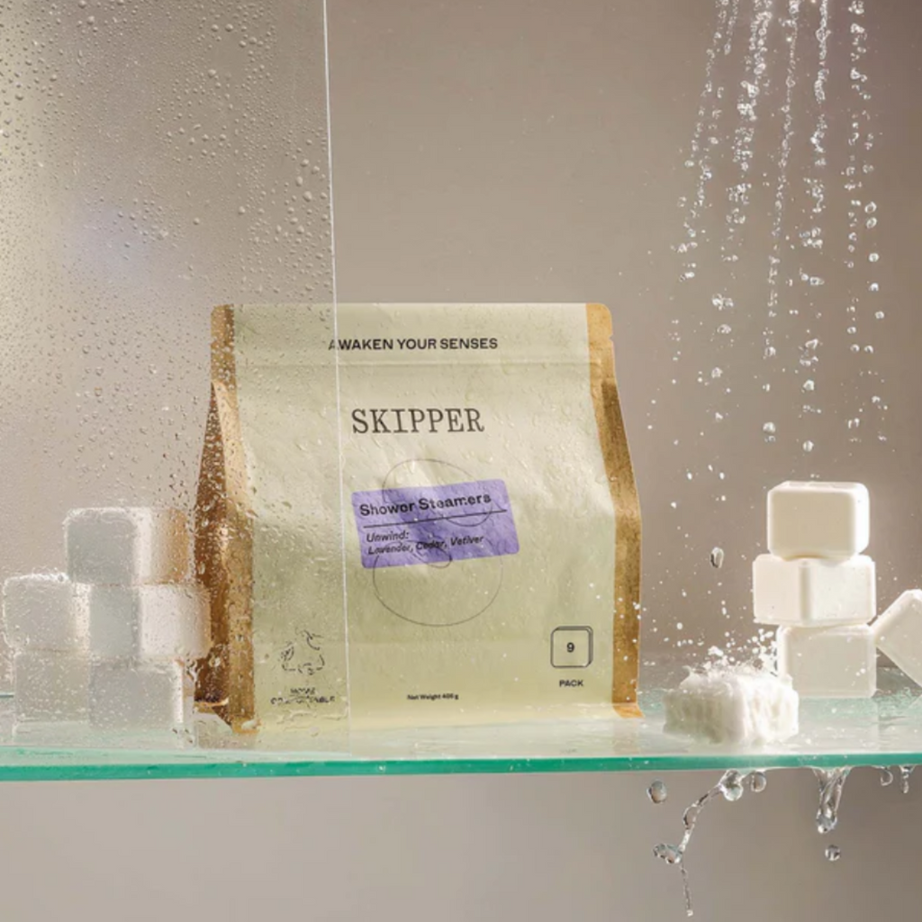Skipper shower steamers packaging with steam in the background
