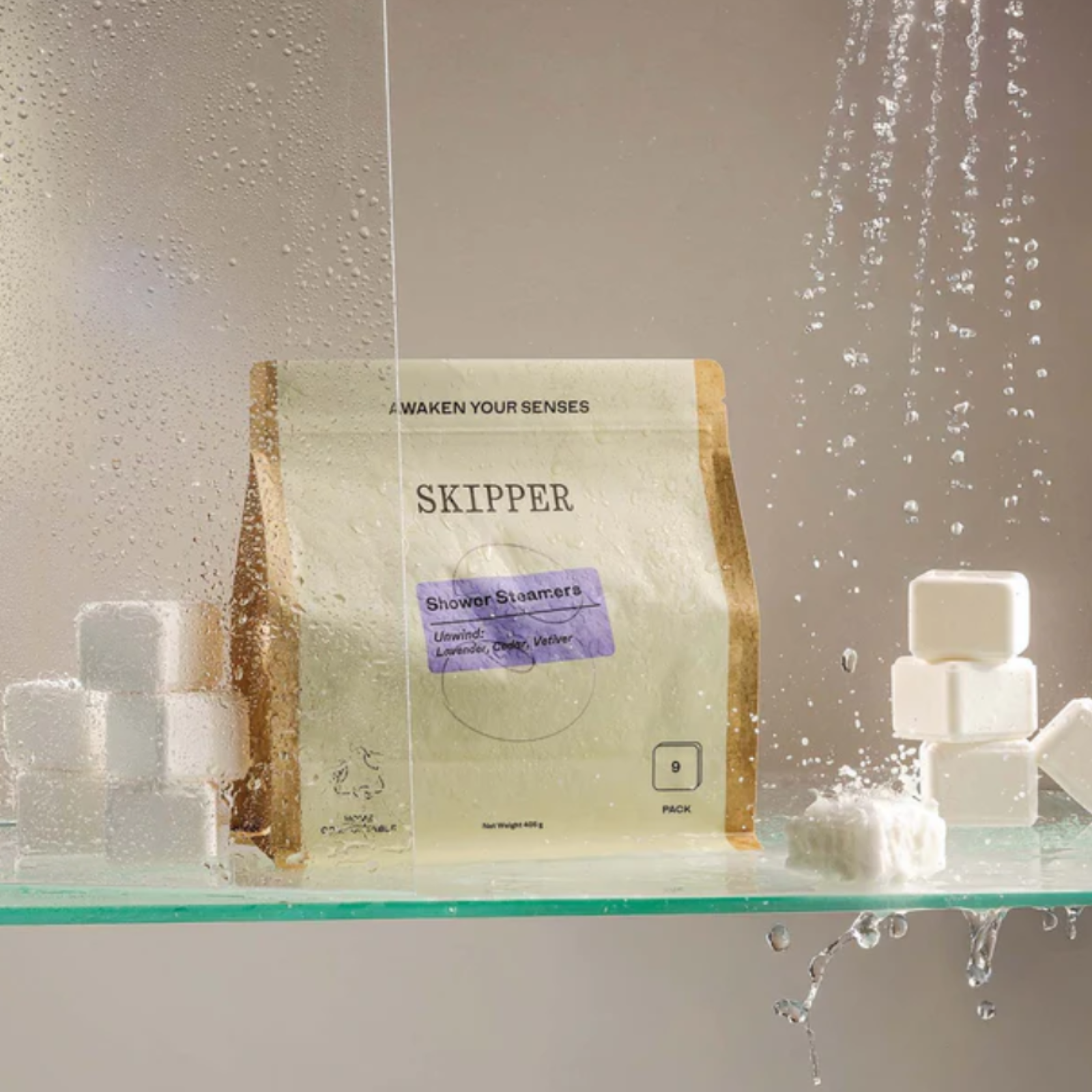Skipper shower steamers packaging with steam in the background