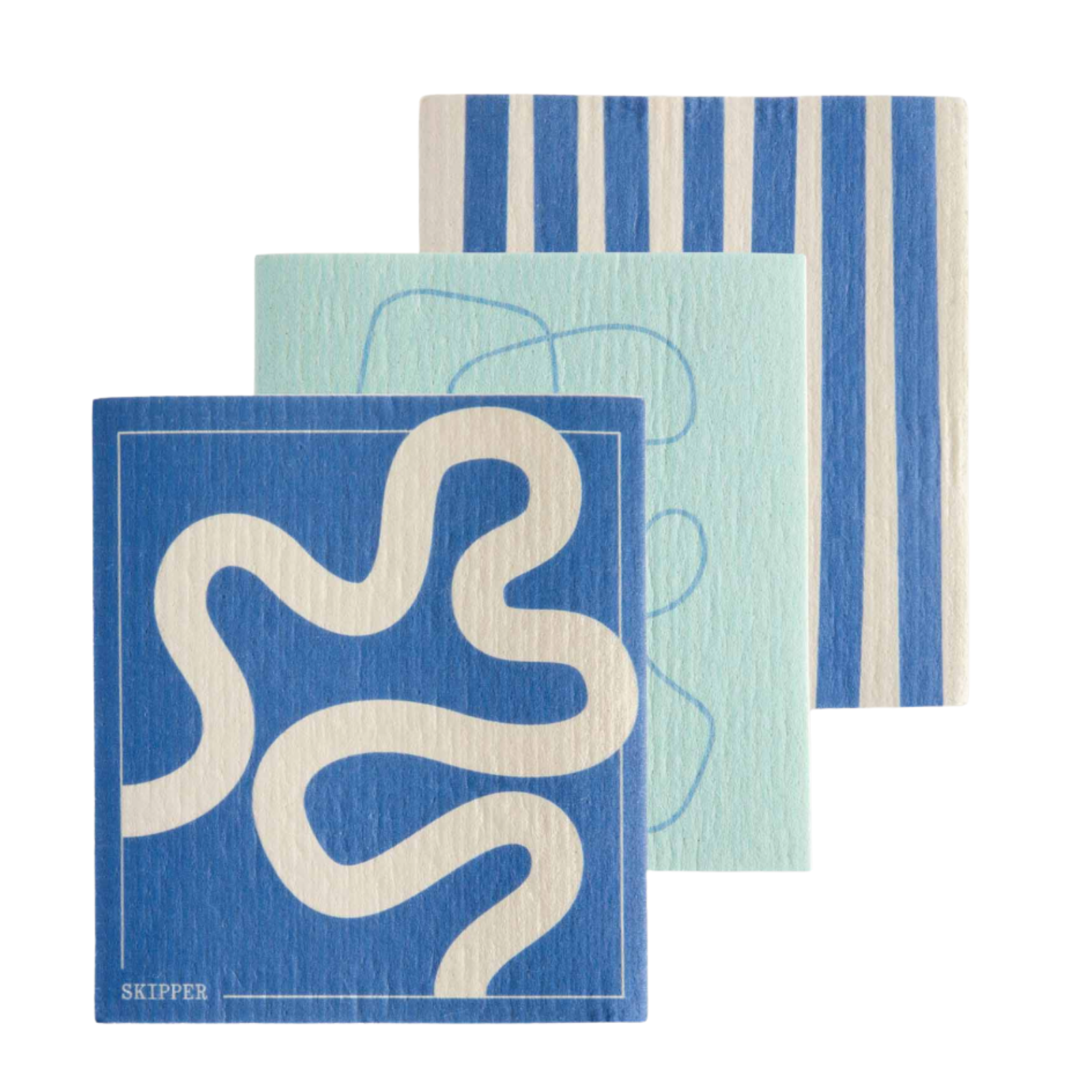 Set of three patterned dish cloths with blue and white designs on a white background