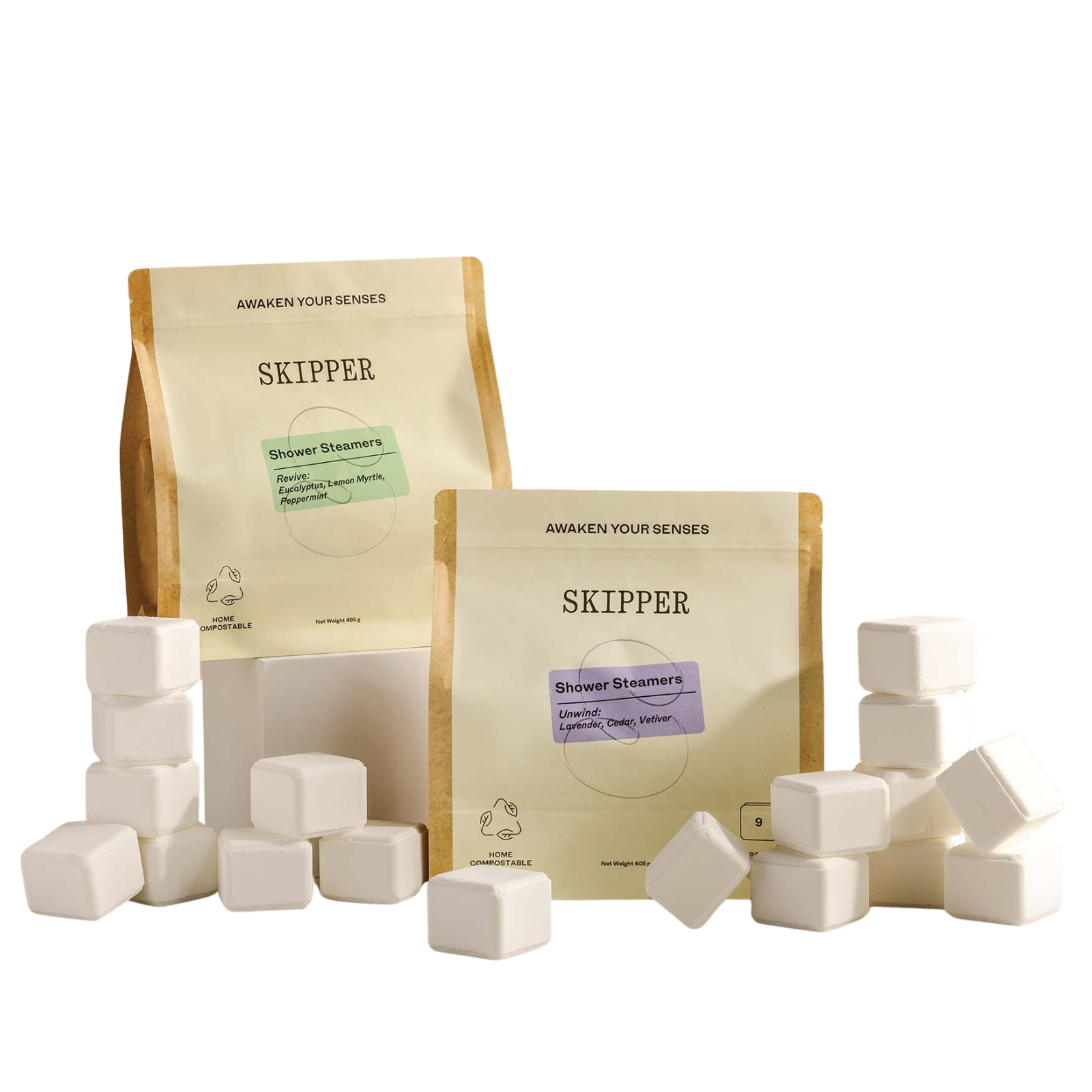 Skipper shower steamers with packaging on a white background